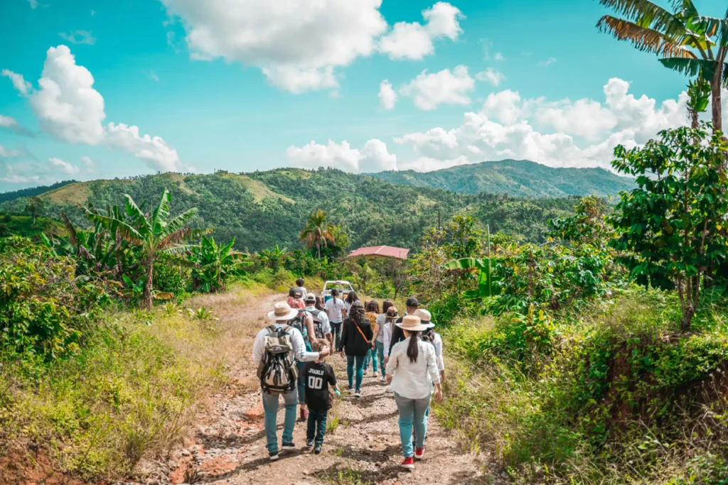 Grupo de personas caminando por un camino rural rodeado de vegetación en Puerto Rico durante un tour de Café Don Juan.